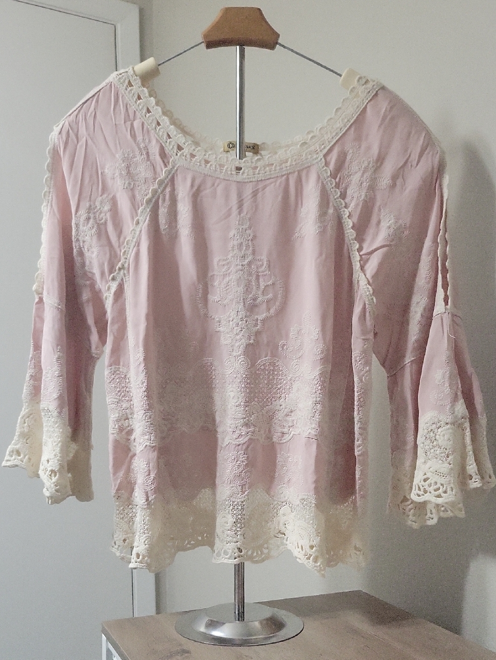 Democracy Pale Pink Lace Trim Blouse Crochet Embroidery Victorian Romantic Large